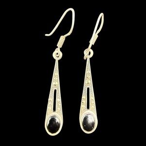 Vintage Sterling Silver 925 artist signed Onyx Marcasite Drop Earrings